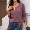 Autumn Winter Solid Color Round Neck Button Loose Long Sleeve T-Shirt Top for Women