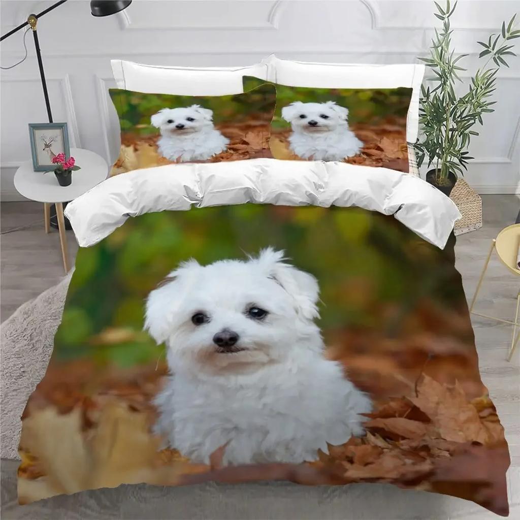 Sött Påslakanset med Maltesisk Hund Husdjur Hundar Tema Sängkläder Mikrofiber Kawaii Djur Täcke Överdrag Twin King För Barn Tonåringar