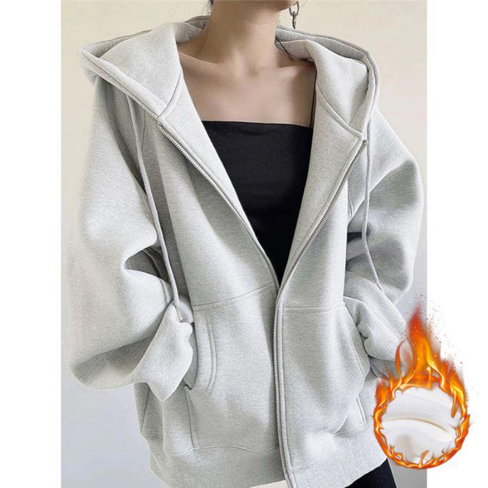Women's Autumn/Winter Plus Velvet Zipper Cardigan Hoodie - Thick, American-Style, Loose Fit, Slimming Top