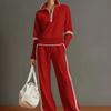 Women Two Piece Tracksuit Set Half Zip Stand Collar Sweatshirt Drawstring Wide Leg Pants Contrast Stripe Casual Sportswear