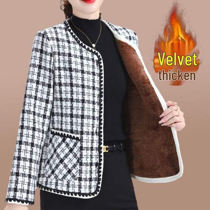 Chic Tweed Jacket for Middle-Aged Women - Versatile, Warm, Plus Velvet Cardigan for Autumn/Winter.