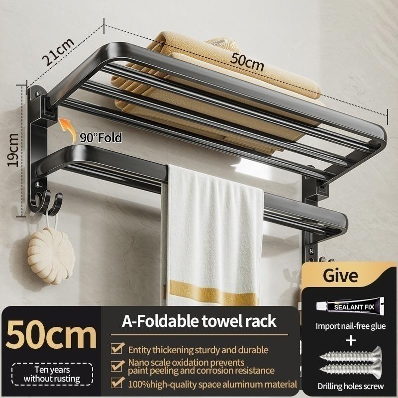 No Drill Bathroom Hardware Towel Rack Black 40CM-60CM Folding Aluminum Towel Rack Holder With Hook Towel Holder Tissue Holder