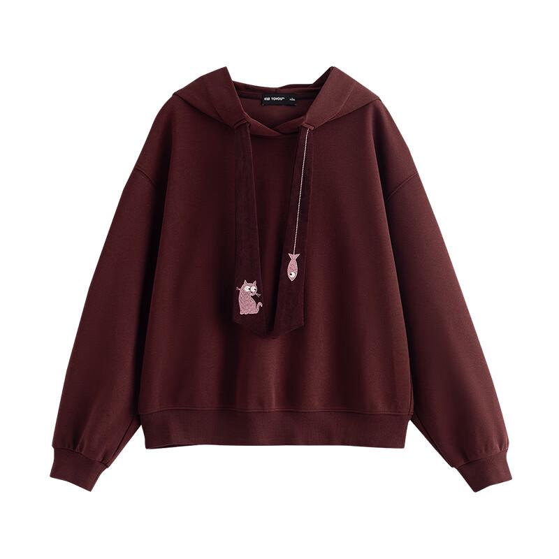 Chuyu Women's Petite College Style Cat Embroidery Tie Hooded Sweatshirt