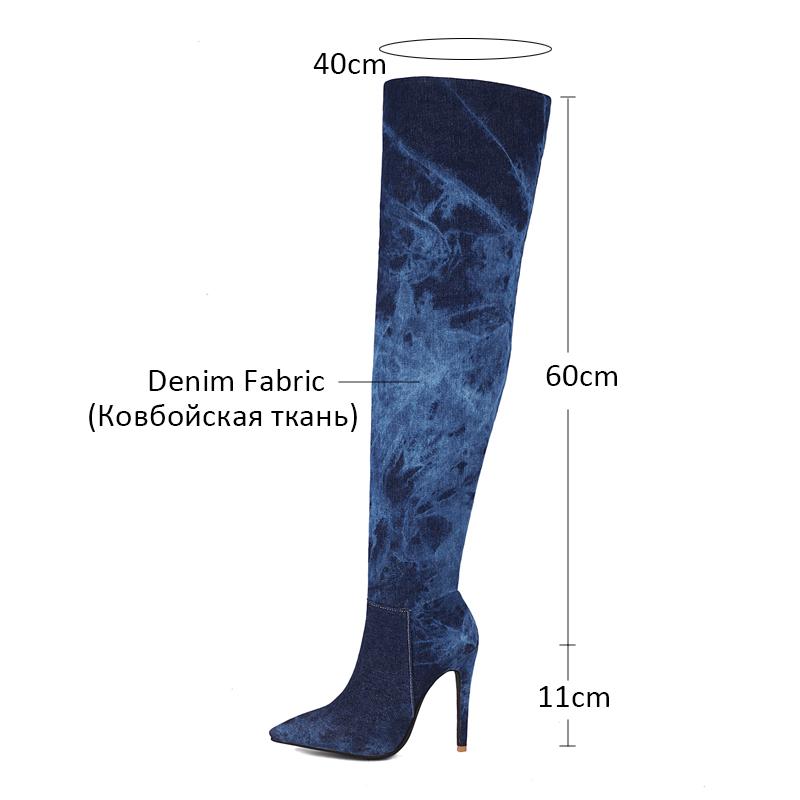 New Blue Denim Over The Knee High Boots Pointed Toe Stiletto High Heels Zipper Long Boots Women's Autumn Winter Shoes Footwear