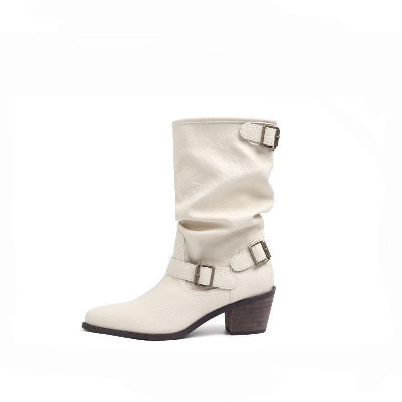 Pointed Thick Heel White Short Boots Women's British Style Belt Buckle Martin Boots Temperament Medium Tube Pile Boots