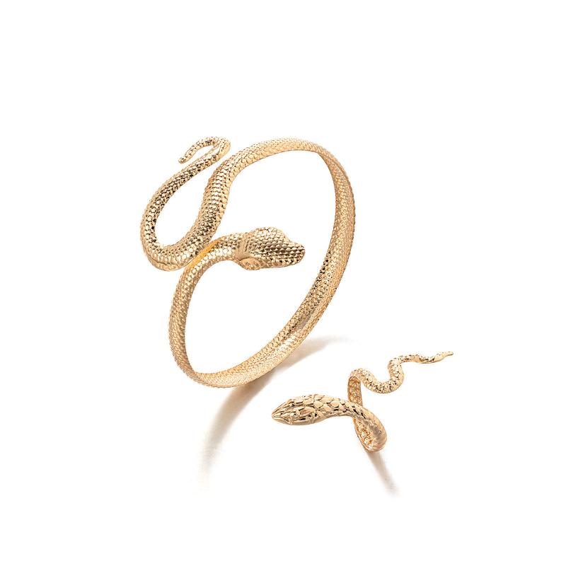 2Pcs Punk Snake Shaped Bracelets Ring Jewelry Set Spiral Snake Opening Bracelets Finger Rings Female Male Hand Jewelry