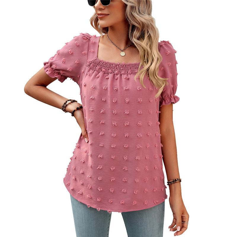 Women Summer Square Collar Short Sleeve Blouses Solid Loose Elegant Shirts Casual Streetwear Tunic Tops 2025