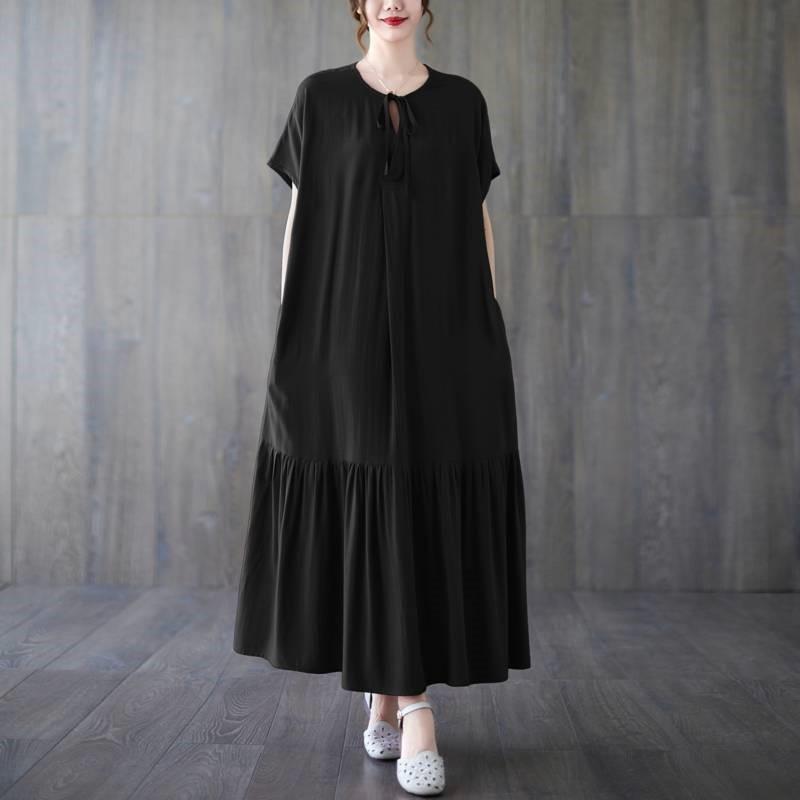 

Женское весеннее платье Johnature с круглым вырезом, свободное повседневное платье трапециевидной формы в китайском стиле, однотонное повседневное платье One Size чёрный