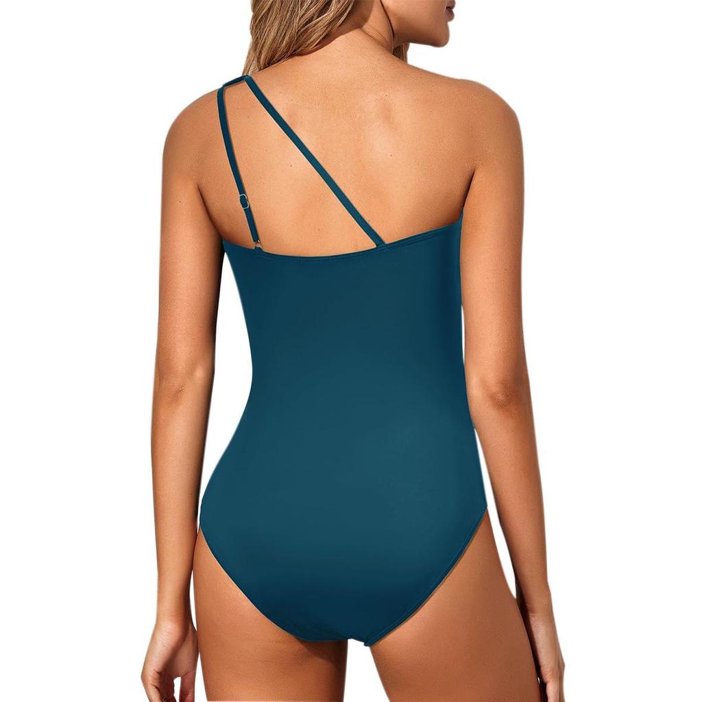 2025 European & American One-Shoulder Solid Color Cutout One-Piece Conservative Swimsuit