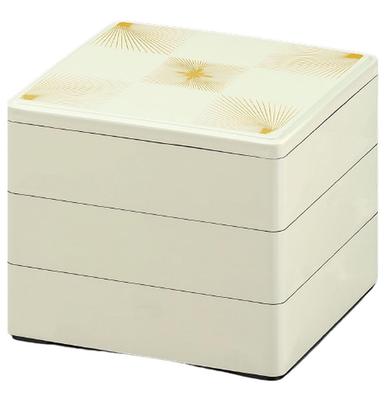J-kitchens Japanese-made 3-Tiered Jubako (5.0-inch) Box, White Pine Needle Checkered Design, 15.1cm X 15.1cm X 13.3cm