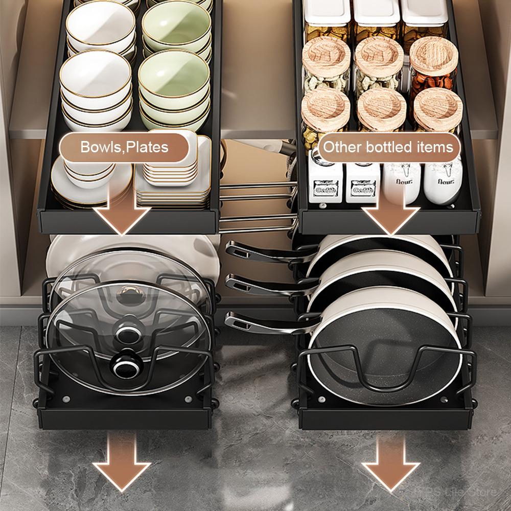 Pull out Pots and Pans Organizer Sliding Pot Lid Holder Kitchen Spice Rack Tableware Organizer Multifunctional Dish Drying Racks