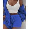 Women's Loose Fit Three Piece Loungewear Long Sleeve Fuzzy Cardigan V Neck Tank Drawstring Waist Shorts Winter Solid Tracksuit