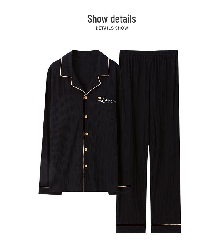 Spring & Autumn Couple Pajamas Set: Long Sleeve, Long Pants, Front Button Lapel Cardigan for Men & Women