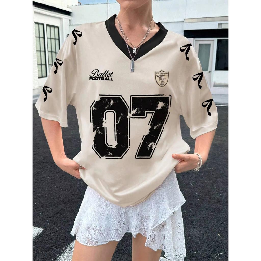 New Women's No.7 Letters Printed V-Neck Short Sleeve Summer Soccer Jersey Loose Casual Sports Women's T-Shirt Short Sleeve