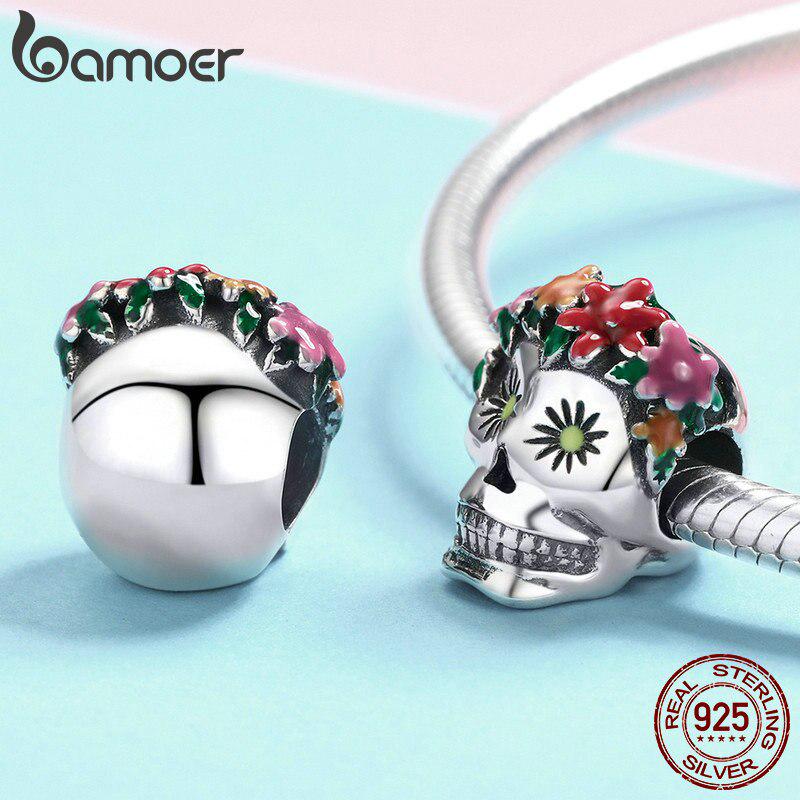 Bamoer Halloween Collection 925 Sterling Silver Flower Skull Charms Colorful Enamel Beads