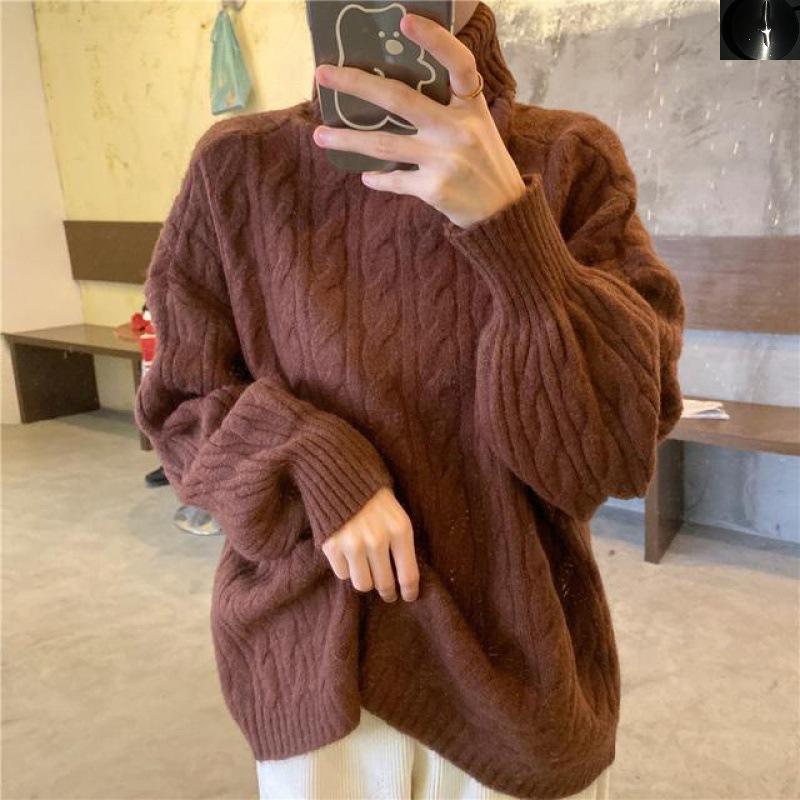 Wear Turtleneck Twist Loose Lazy Wind Pullover Sweater Women's Solid Color Lantern Sleeves Simple Versatile Knitted Sweater