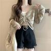 Summer V-neck hollow new slim-fitting and thin drawstring short outer knitted sweater women's thin solid color top