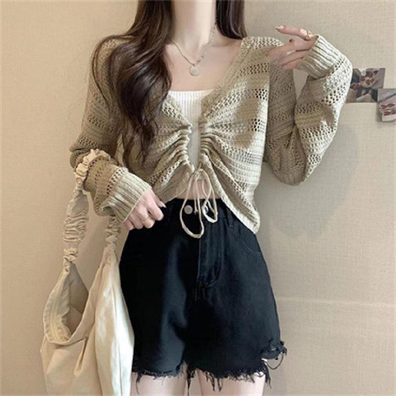 Summer V-neck hollow new slim-fitting and thin drawstring short outer knitted sweater women's thin solid color top