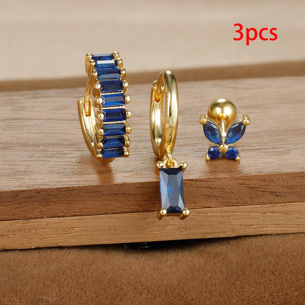 3PCS Gold Color Crystal Square Hoop Earrings Set For Women Butterfly Pendant Cartilage Tragus Helix Ear Stud Fashion Jewelry