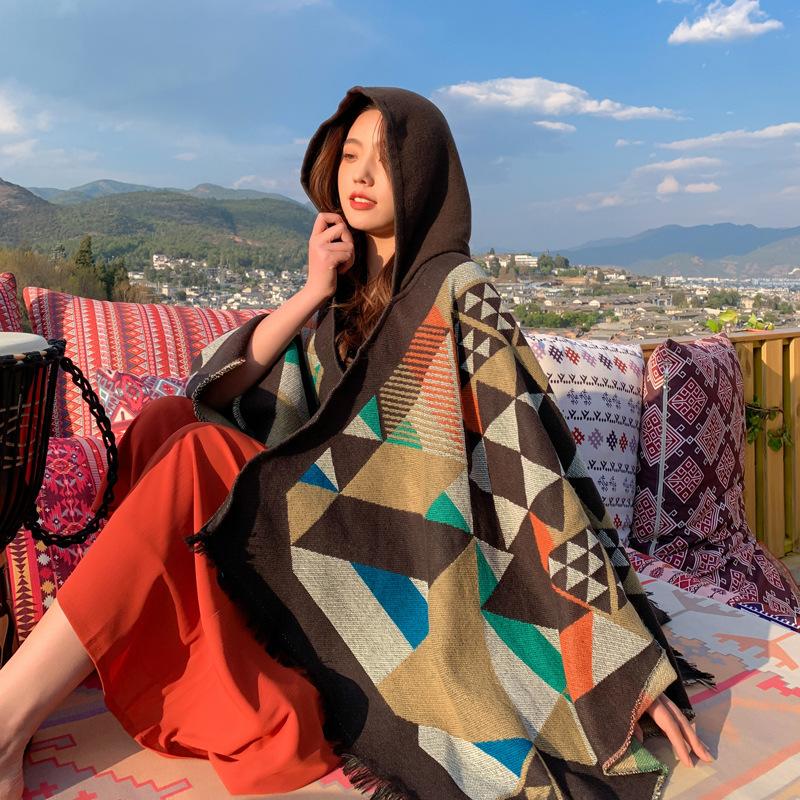 Travel Scarf Dual-purpose Fringed Edge Summer Air-conditioned Room with Hat Cloak Triangular Combination Imitation Cashmere Shawl