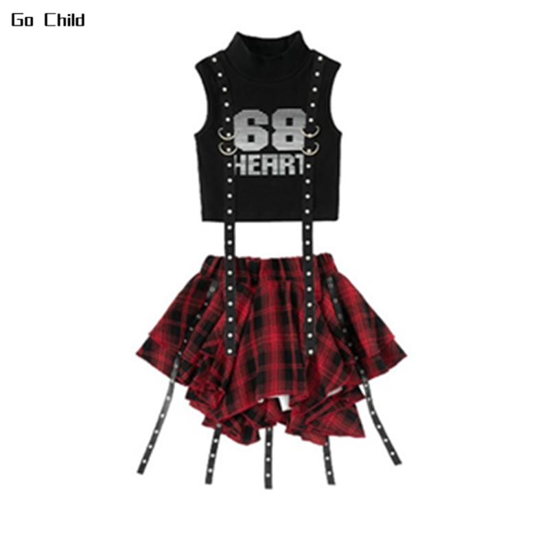 Kids Hip Hop Crop Top Plaid Street Dance Skirt Girls Ribbon Pleated Skirts Teens Jazz Cool Costumes Child Streetwear Clothes Set
