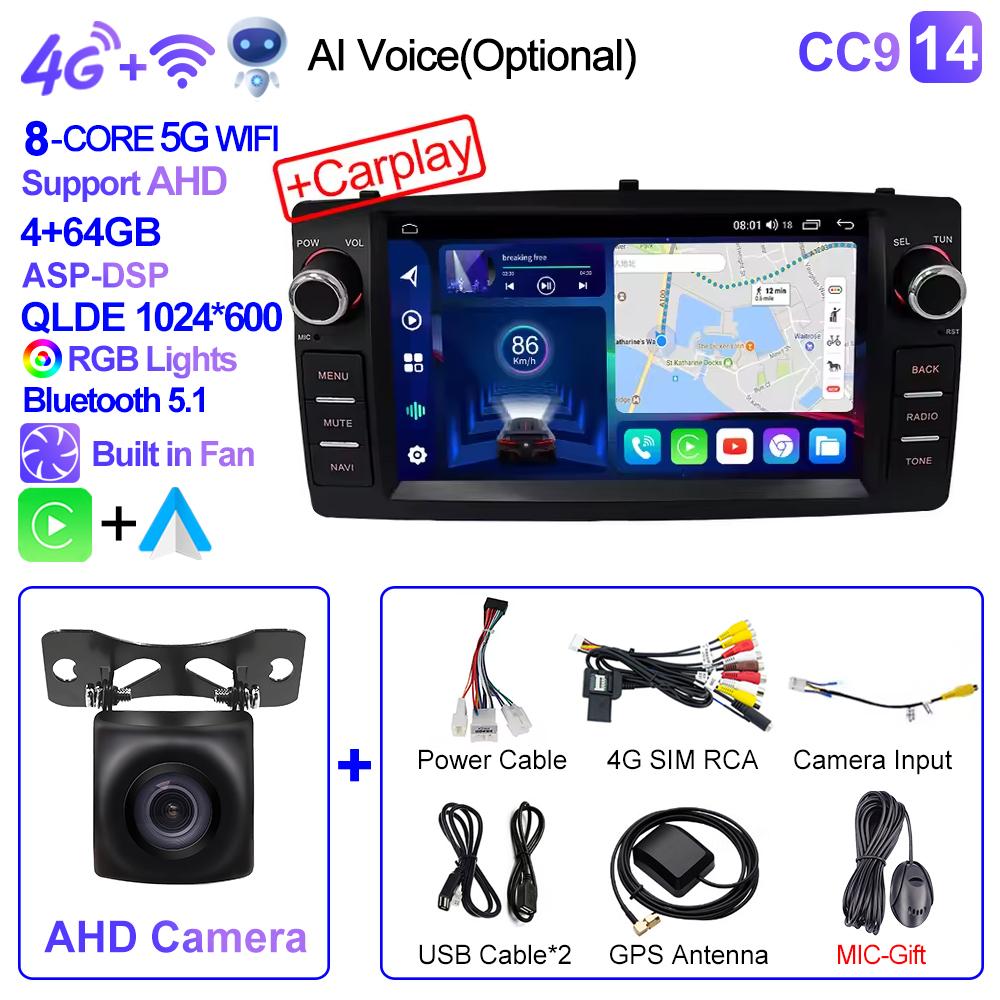 2din Android 12 Wireless CarPlay Android Auto Car Radio Multimedia GPS for Toyota Corolla E120 2003-2006 BYD F3 Stereo 4G
