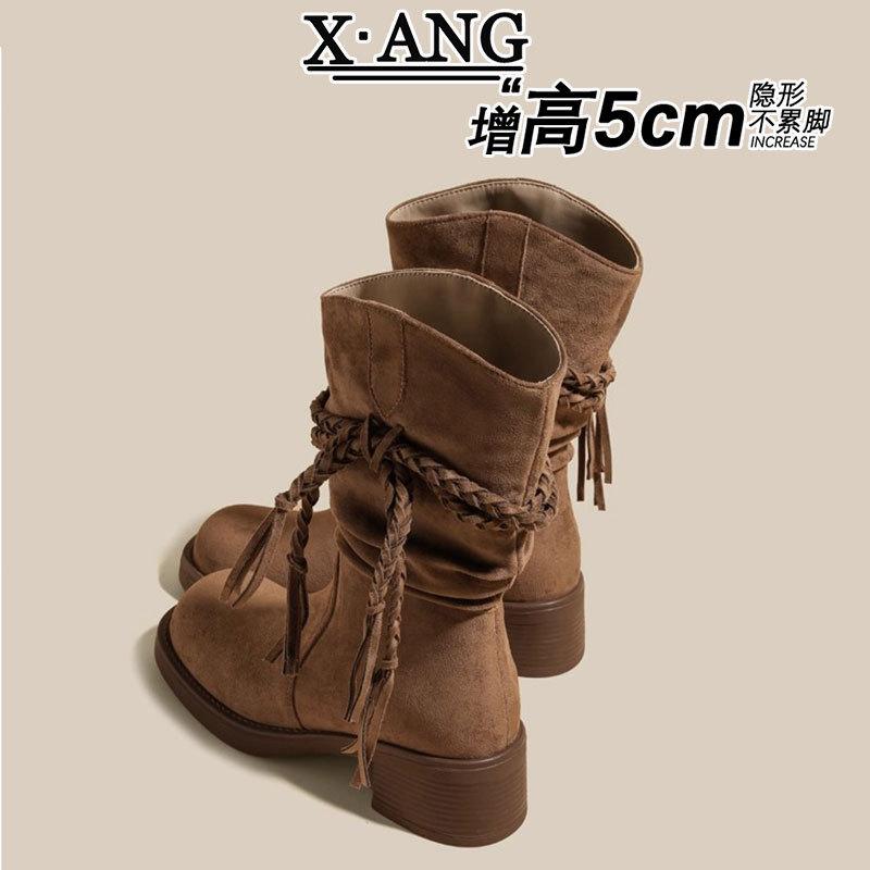 Cowhide version retro wasteland fringed stacking boots women's thick heel knight boots western cowboy boots slim Martin boots