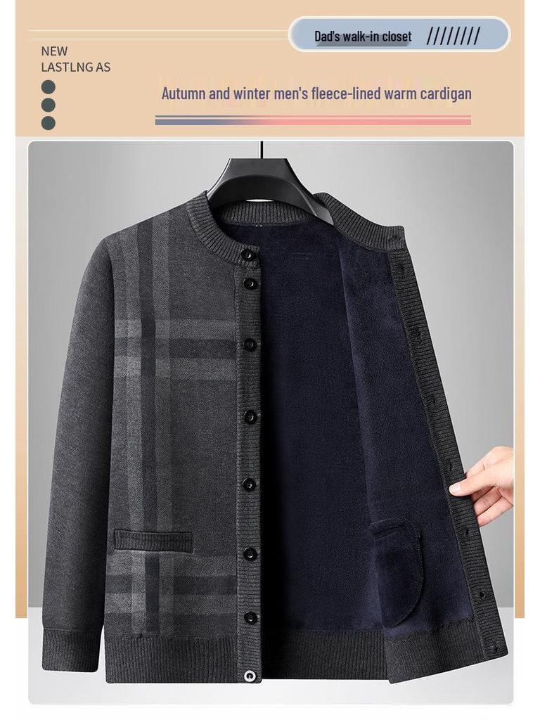 Dad's Plus Velvet Cardigan: Warm Knit Button-Up for Autumn/Winter, Middle-Aged & Elderly Men