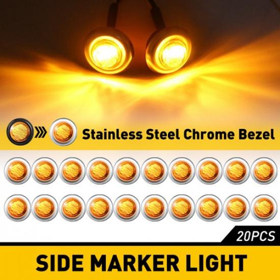 20PC Amber Amber 3/4  Amber Round LED Side Marker Truck Trailer Chrome Bezel Cle
