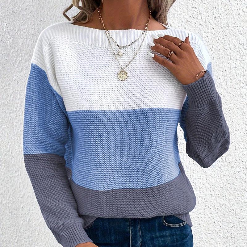 2026 Women's Color Block Patchwork Knit Sweater - Autumn/Winter Round Neck Long Sleeve Pullover Top