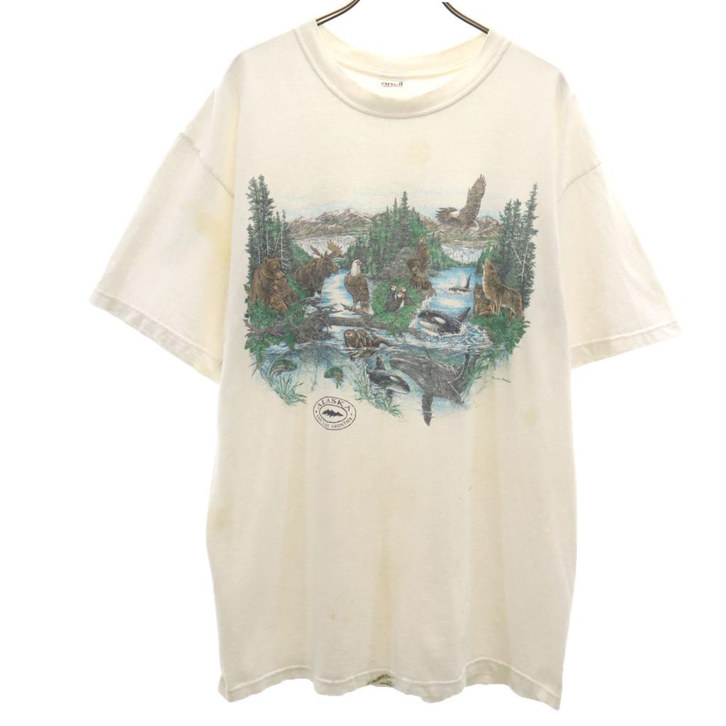 anvil 90s Old animal print Short sleeve T-shirt white Men's Used