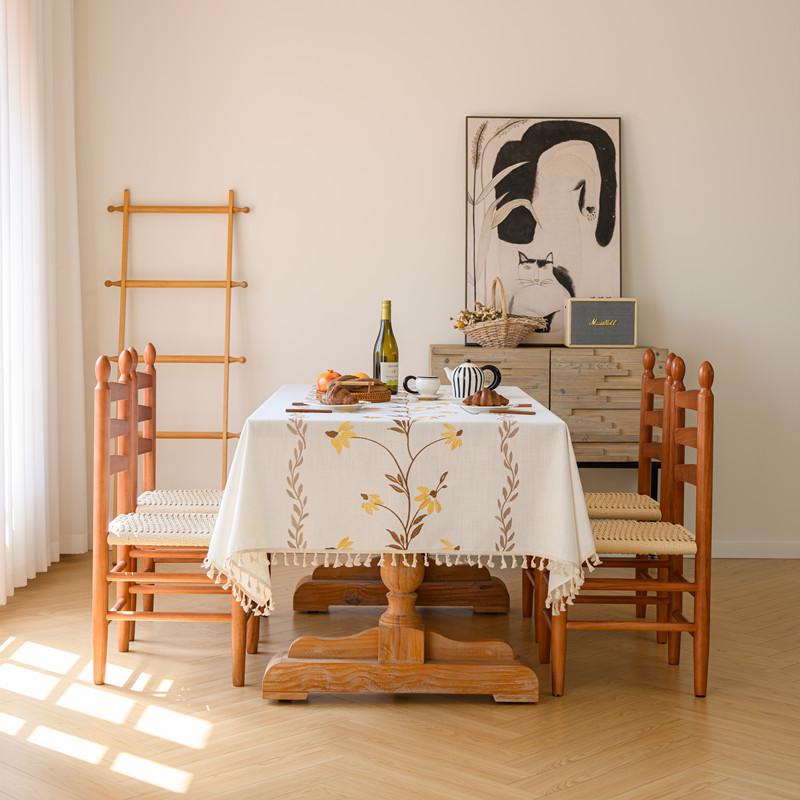 Cross-border Embroidered Plaid Floral Tassel Tablecloth for Coffee & Dining Tables