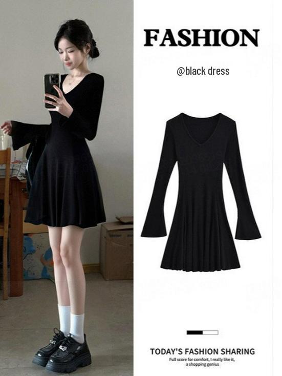 Khaki V-Neck Knit Dress - Autumn/Winter High-End Slim Short Base Layer for Coats, Bodycon Style M