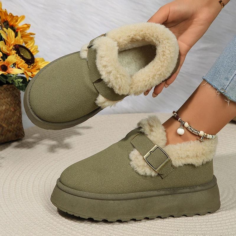 Autumn Winter Women Plush Snow Boots Shallow Buckle Thick Bottom Warm Boots Big Size 43 Suede Fur Flat Platform Cotton Shoes