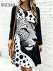 2026 Women's Fashion Dresses Women's Polka Dot Leopard Print Dress Loose Pullovers Casual Autumn Long Sleeve Home A-Line Dress