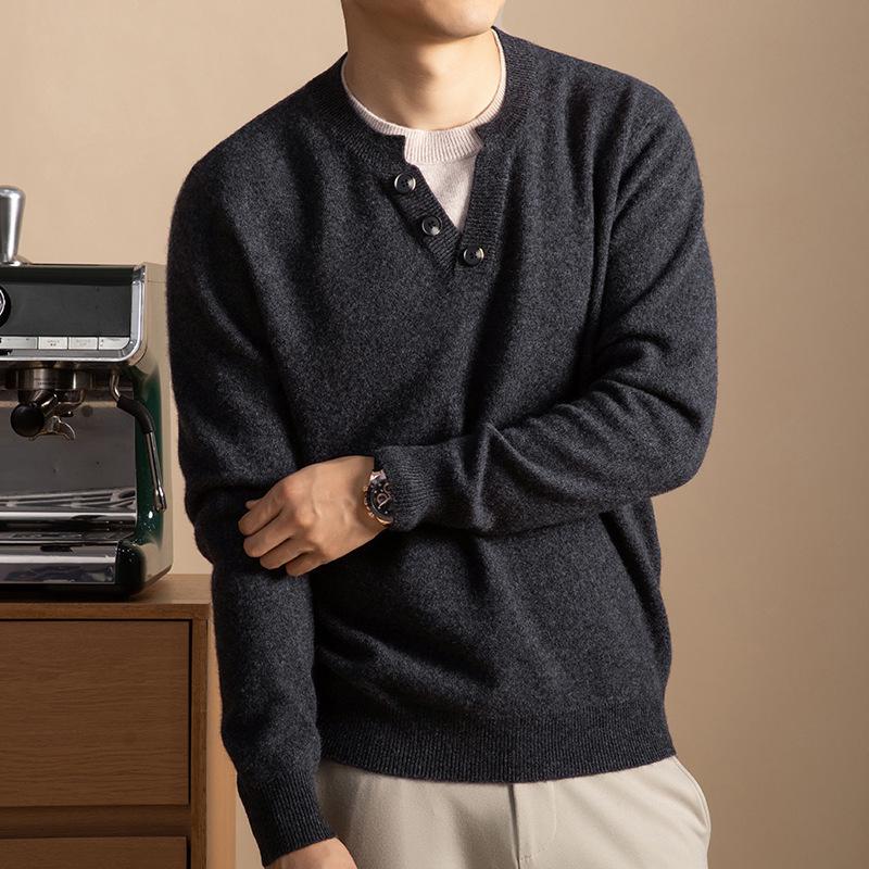 Men's Cashmere-Blend Thick Knit Sweater - Round Neck, Relaxed Fit, Faux Two-Piece, Casual Style