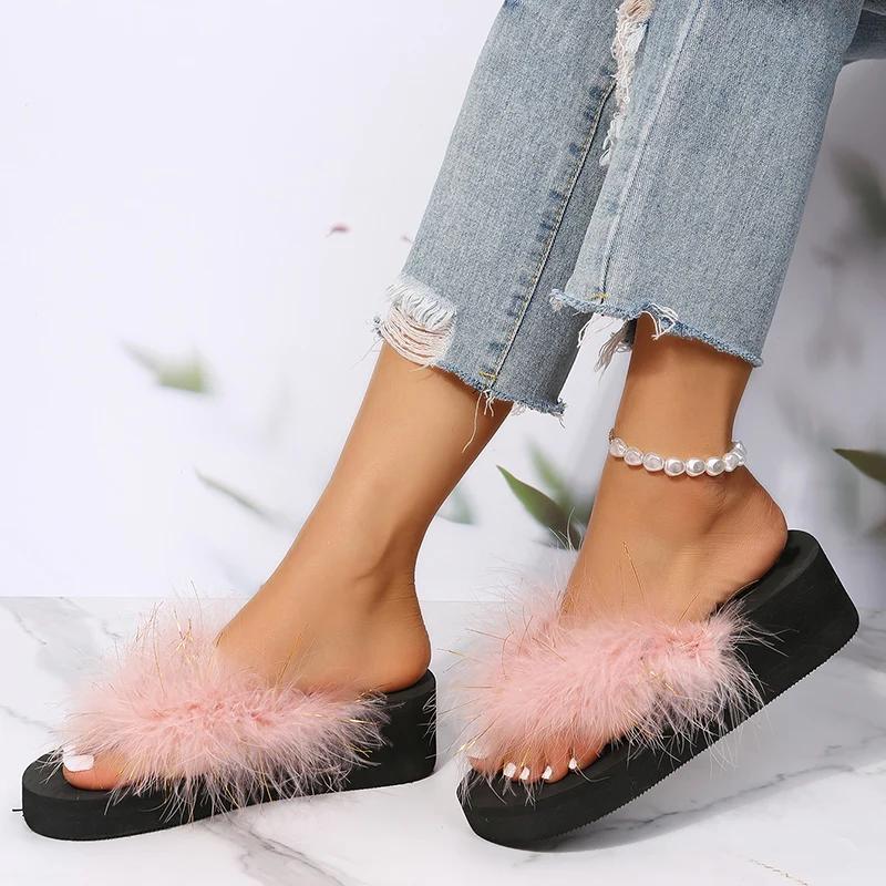 Fashion Women's Slippers with Faux Fur Non Slip Platform Wedges Flip-Flops for Woman 2025 Fashion Summer Vacation Beach Sandals Mujer