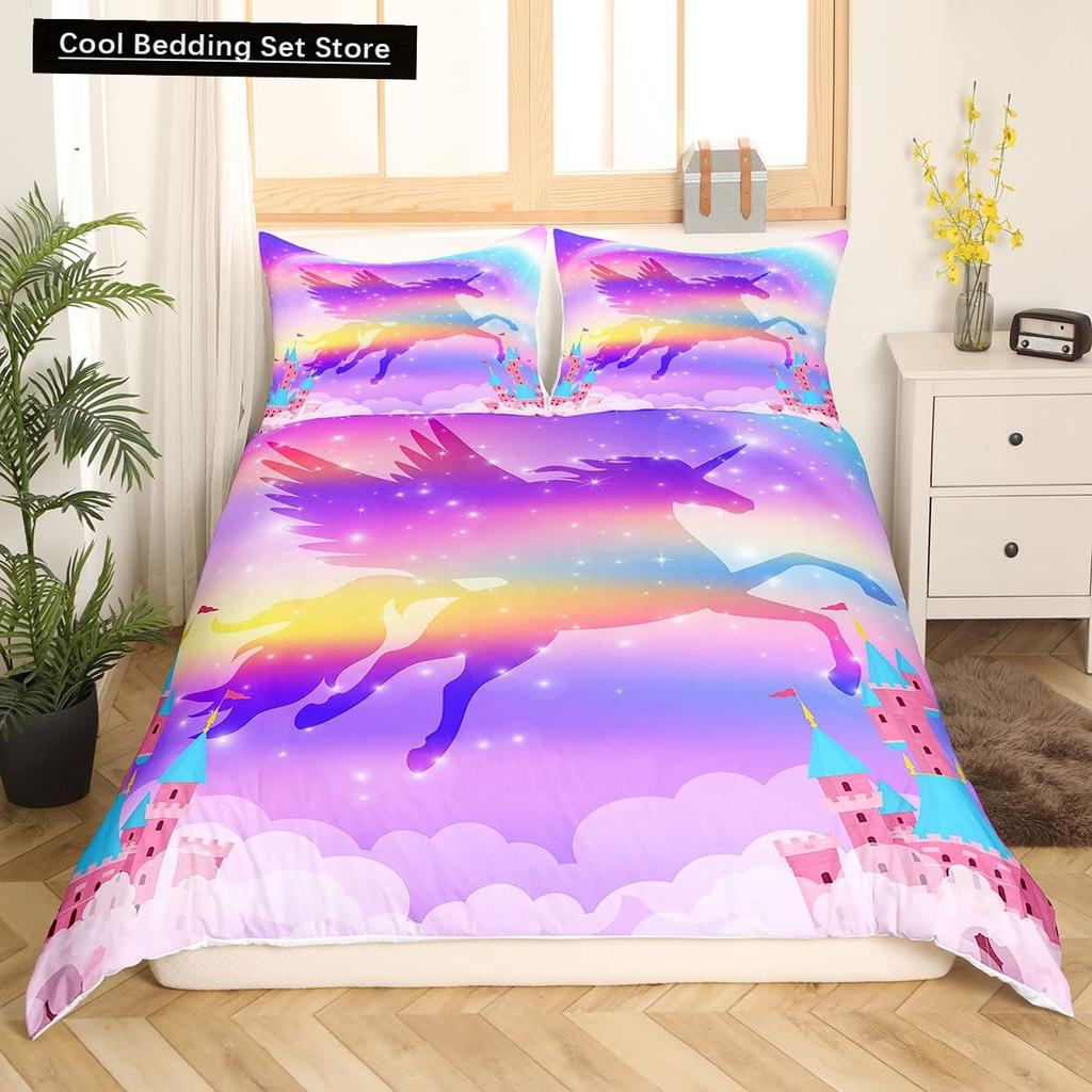 Kids Unicorn Stars King Queen Duvet Cover Cartoon Magic Animal Bedding Set Rainbow Shiny Quilt Cover Polyester Comforter Cover