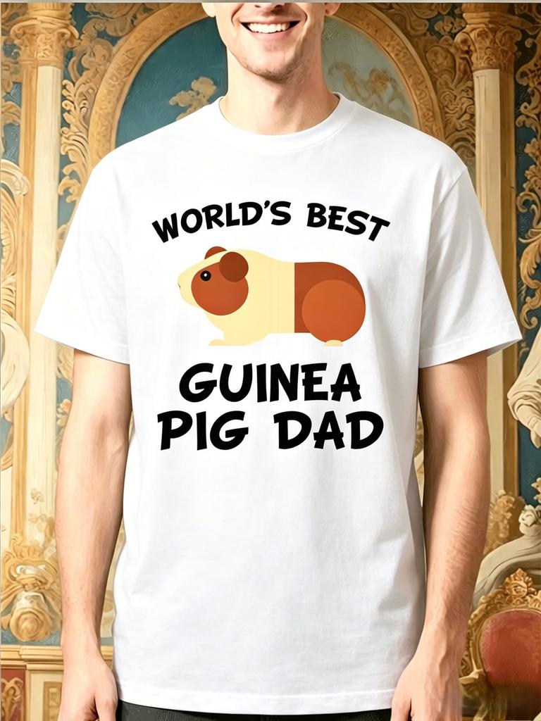 Unisex Black Tee Worlds Best Guinea Pig Dad Cute Pet Graphic Print Short Sleeve Loose Casual Top For Adult Male Daily Street Wear