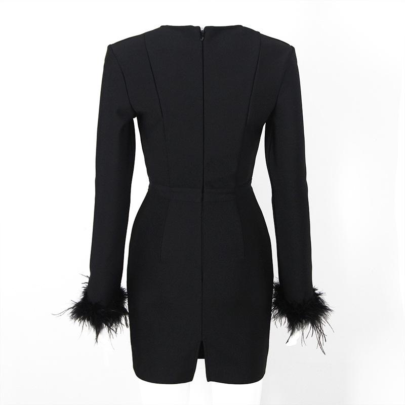 Neues Feder Langarm Europäische und Amerikanische Mode Bandage Abendkleid