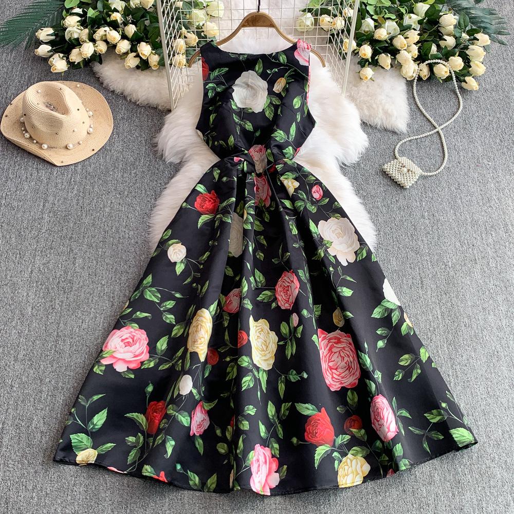 High-end printing temperament sleeveless dress women's summer new waist thin puffy pendulum long skirt