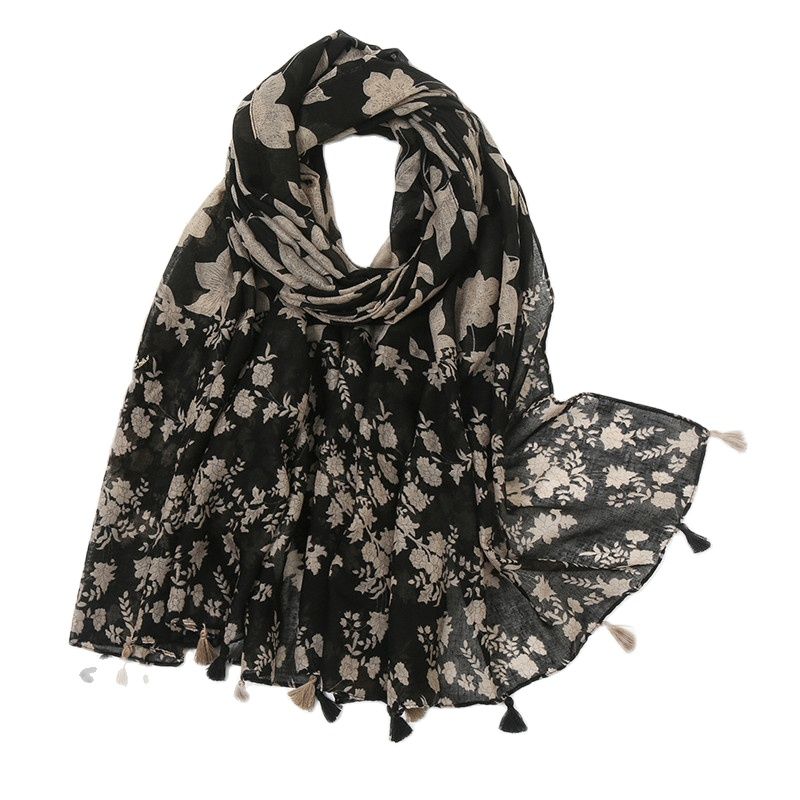 Spain Luxury Brand Navy Blue Lovely Floral Tassel Viscose Shawl Scarf Lady High Quality Wrap Headband Bufandas Muslim Hijab