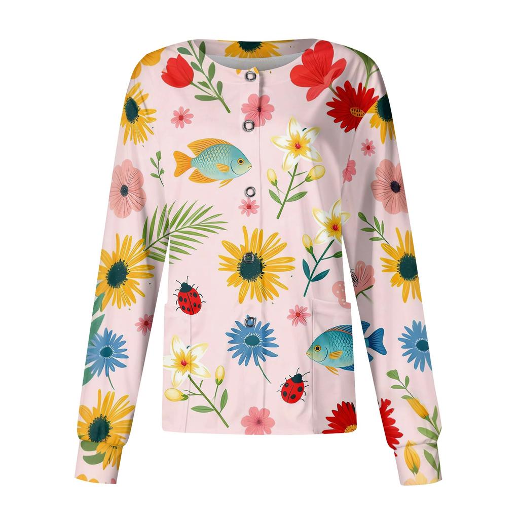 Women's Casual Long Sleeve Hawaiian Floral Print Single Button Scrub Cardigan Top for Uniform