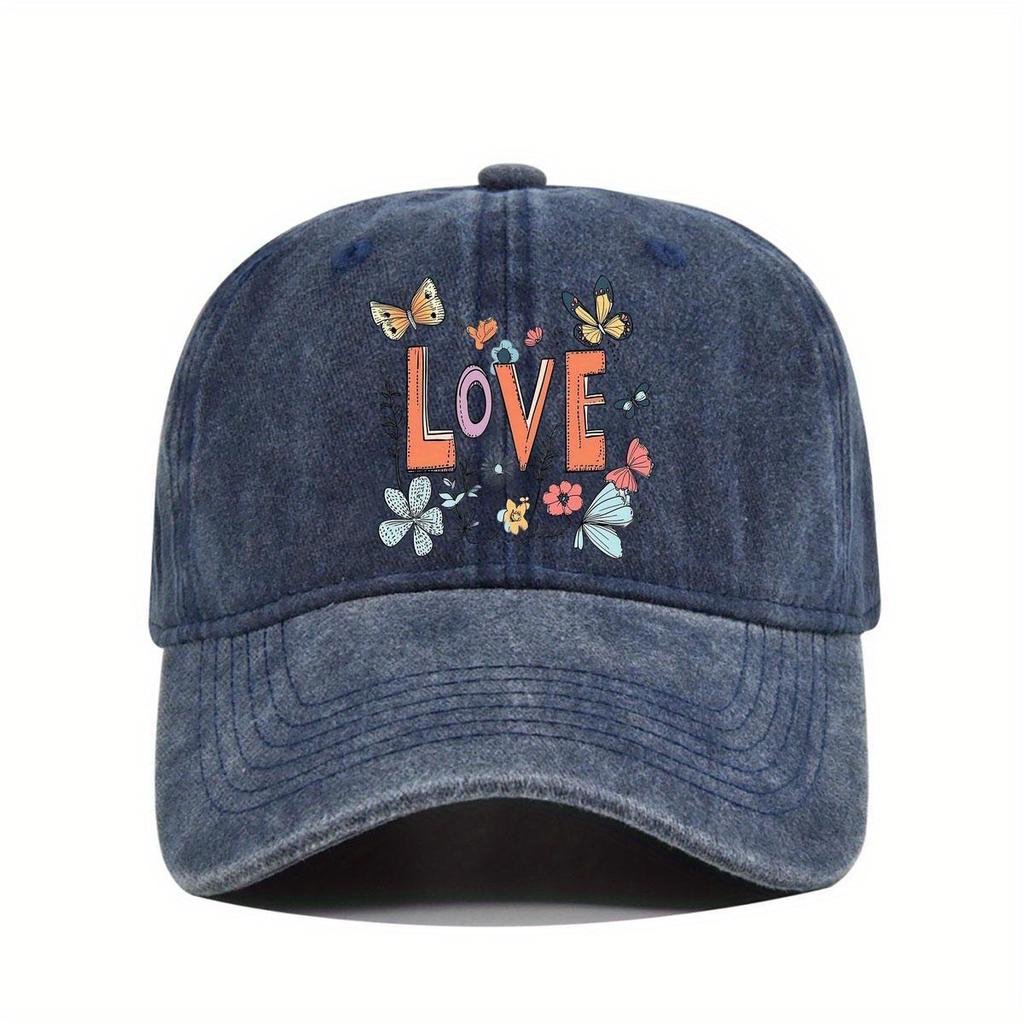 Love Butterflies Flowers Print Baseball Cap Vintage Distressed Polyester Adjustable Casual Outdoor Sun Protection Hat