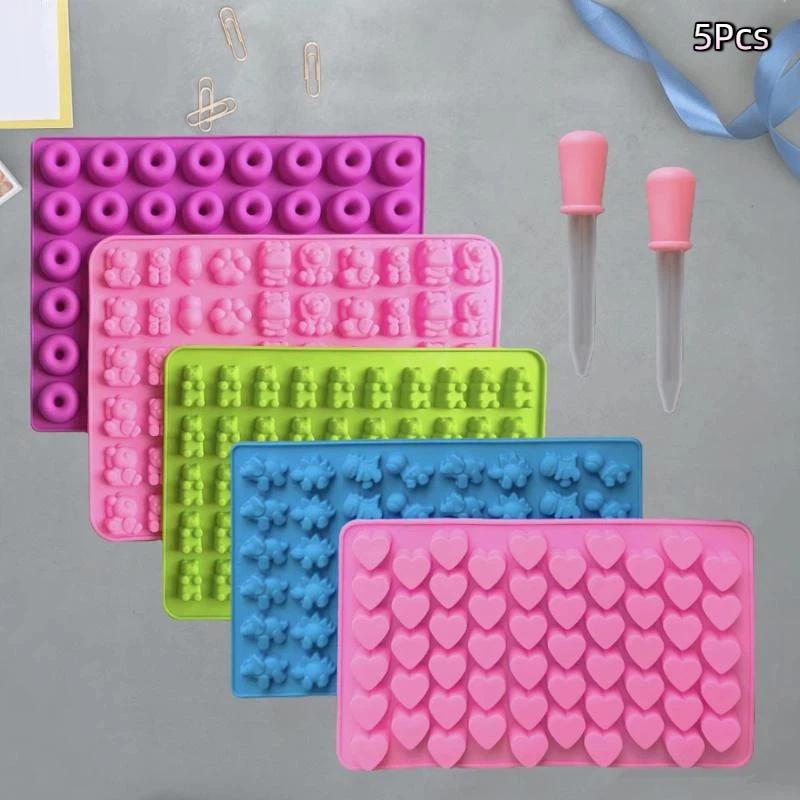 1/5Pcs Candy Gummy Jelly Trays Molds Kit Candy Silicone Moulds With 2 Dropper Set Reusable Candy Baking Mold Kitchen Tools