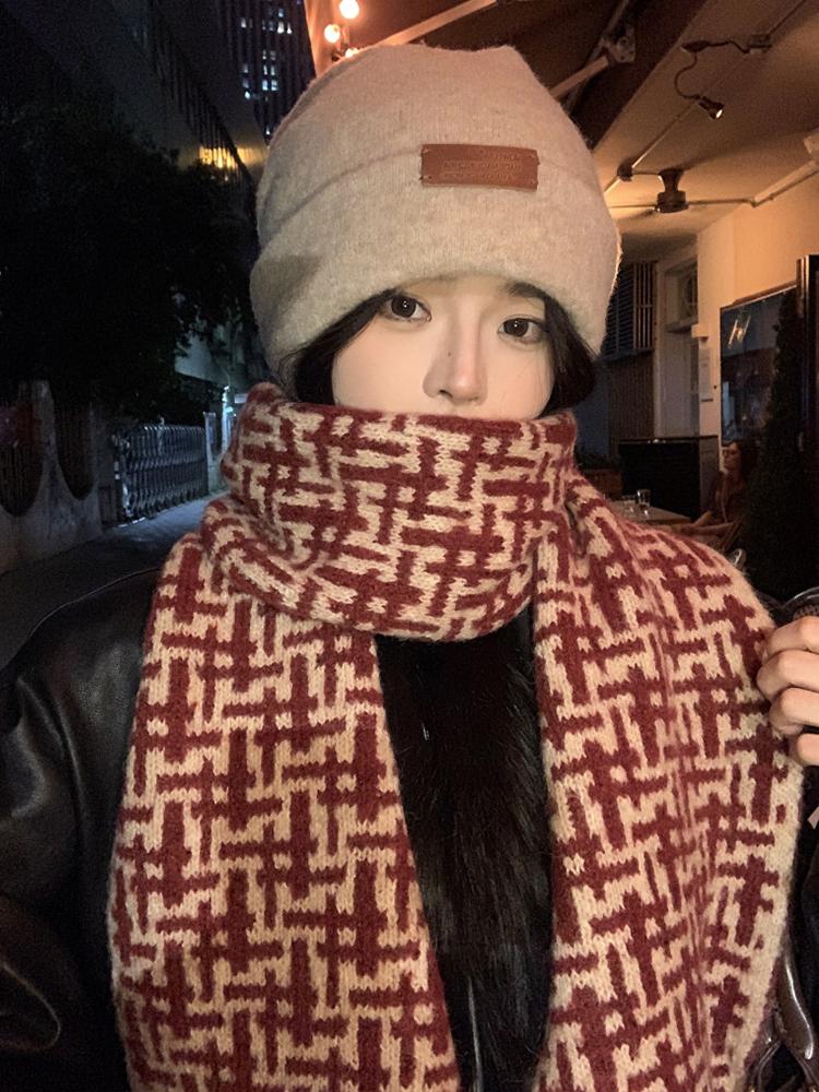 Women Winter Knitted Scarf Headscarf Ladies Casual Red Plaid Warm Scarve Mujer Foulard Wrap Shawl New Christmas New  Gifts