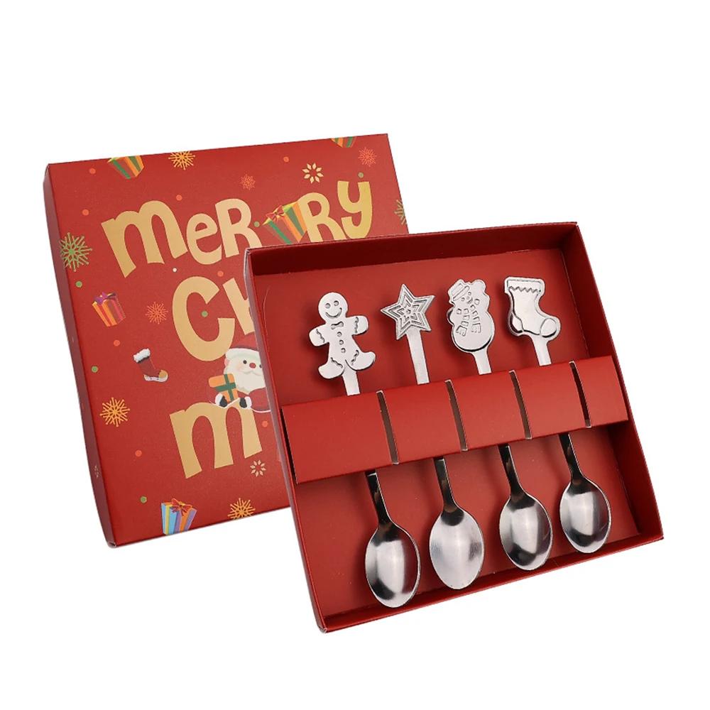 4Pcs Christmas Gift Elk Christmas Tree Dessert Spoon Cutlery Spoon Set Fruit Coffee Spoon Cutlery Wed Christmas Gift