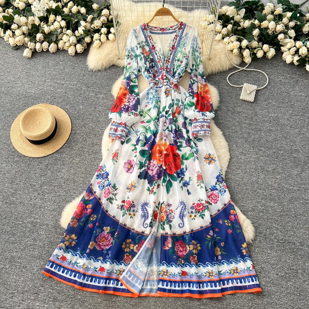 Palace Floral Maxi Dress Women Summer Holiday Chiffon Long Dresses Shirt 2026 Spring Long Sleeve Single Breasted Party Dress