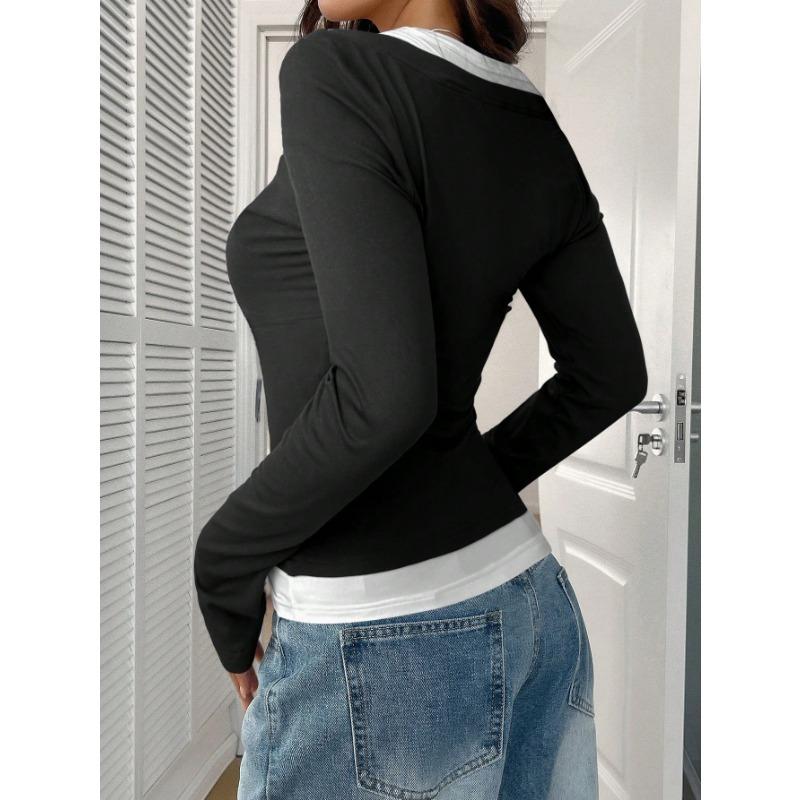 DAFIFY Damenmode, lässig, Frühling und Herbst, einfarbig, langärmelig, quadratischer Kragen, Blusen und Hemden