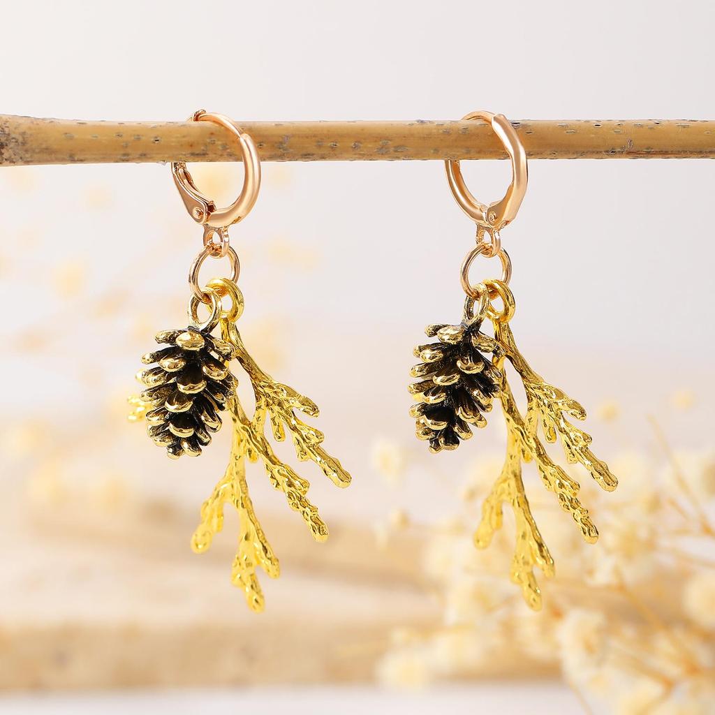 Retro Pine Cone Branch Earrings - Silver & Gold Dangle, European-American Autumn/Winter Fashion for Women